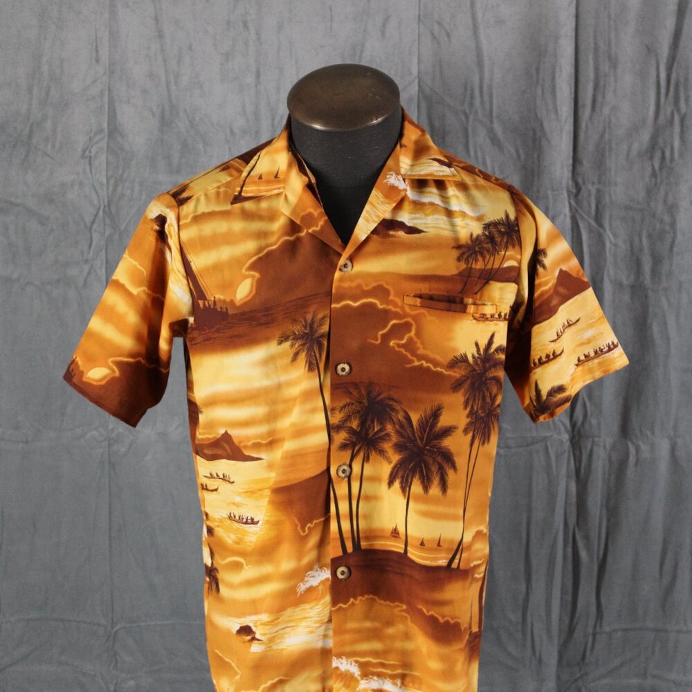 Vintage Hawaiian Shirt - Brown Island Pattern by Made in Hawaii - Men's Small